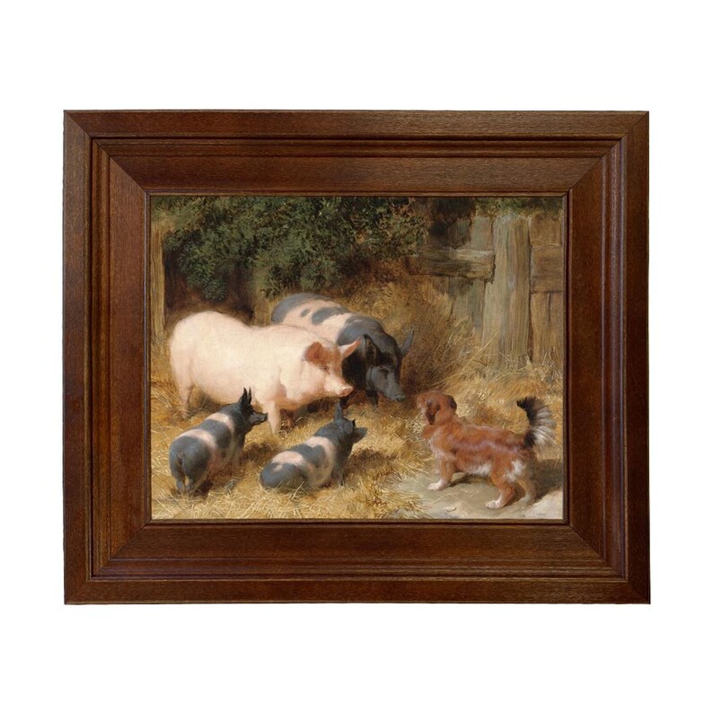 May include: A framed painting depicts a farm scene with pigs and a dog. The pigs are pink and black, and the dog is brown and white. The setting includes hay and a wooden structure, all within a dark brown wooden frame.