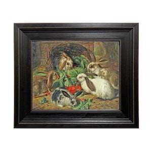 Rabbits Meal Framed Oil Painting Print on Canvas, Rabbit Painting, Bunny Painting, Farm Animals, Farmhouse Decor, Rustic Farmhouse Wall Art