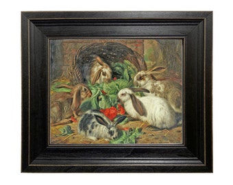 Rabbits Meal Framed Oil Painting Print on Canvas, Rabbit Painting, Bunny Painting, Farm Animals, Farmhouse Decor, Rustic Farmhouse Wall Art