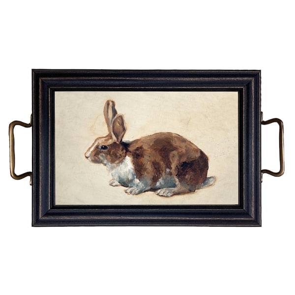 Bunny Rabbit Decorative Tray with Brass Handles, Spring Decor, Rabbit Decor, Ottoman Tray, Coffee Table Tray, Nursery Decor, Farmhouse Decor