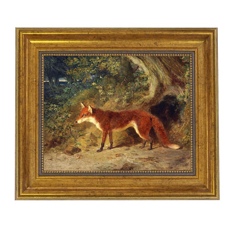 Fox and Feathers Framed Oil Painting Print on Canvas in Antiqued Gold Frame 