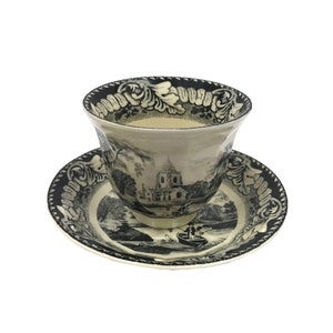 3-1/2" Pond Fishing Transferware Porcelain Handleless Tea Cup and Saucer Antique Reproduction