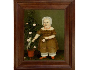 Primitive Girl with Pet Cat Framed Canvas Print, "Emma Homan", Early American Folk Art
