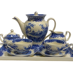 Service à thé bleu pagode en porcelaine transfert avec plateau - Reproduction antique