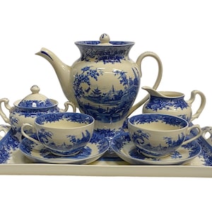 Pagodeblauwe transferware porseleinen theeset met dienblad, antieke reproductie, antieke stijl decor, vintage stijl theeservies, theeservies