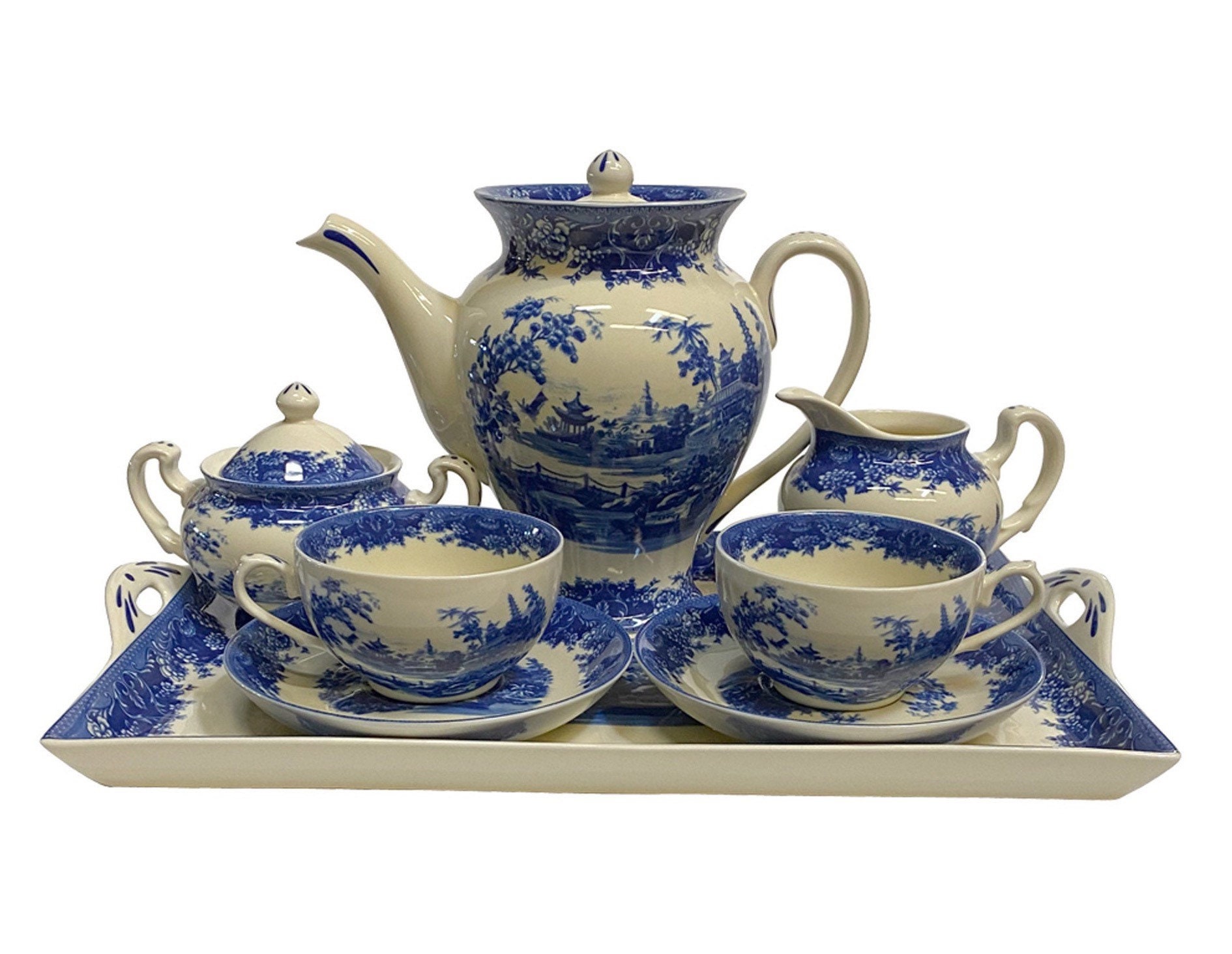 Pagoda Blue Transferware Porcelain Tea Set With Tray Antique