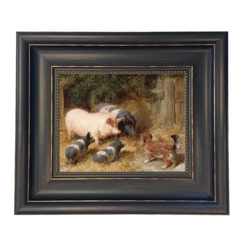 May include: Framed artwork depicting a farm scene with pigs and a dog. The painting features several pigs, some pink and some black and white, gathered in a barnyard setting. A brown and white dog stands nearby. The frame is black with gold accents.