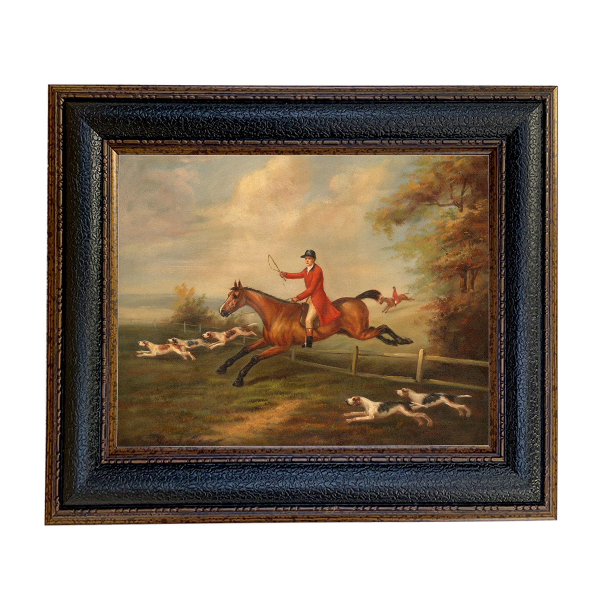 Fox Hunting Scene Painting After J.N. Sartorius, Framed Oil Painting Print  on Canvas in Leather Look Frame 
