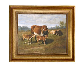 Framed Cow & Calves Canvas Print, Rustic Farmhouse Wall Art