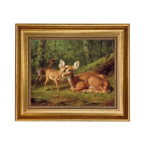 Doe and Twin Fawns by Tait Framed Oil Painting Print on Canvas, Cabin, Lodge, Nursery, Kid&#39;s Room, Wall Art, Decor