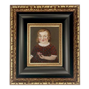 May include: An antique portrait of a child in a red and black plaid dress, holding a small flower. The painting is framed in a black frame with a gold ornate border, creating a vintage aesthetic.
