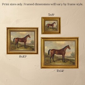 May include: Three framed horse prints in varying sizes: 5x6 inches, 8x10 inches, and 11x14 inches. Each features a brown horse in a field with a gold frame. The text at the top says "Print sizes only. Framed dimensions will vary by frame style."