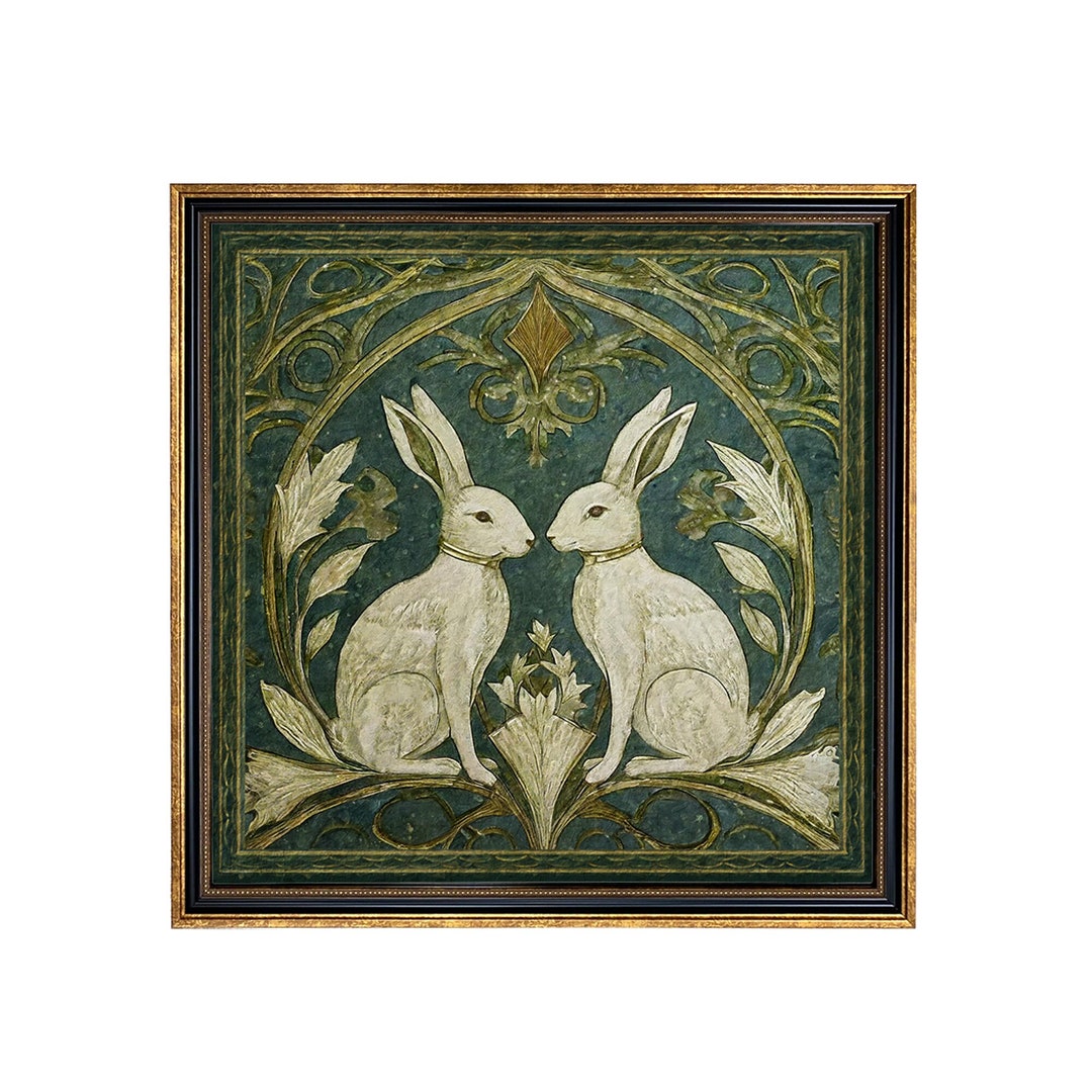 Two Rabbits Art Nouveau Vintage Style Framed Print Behind