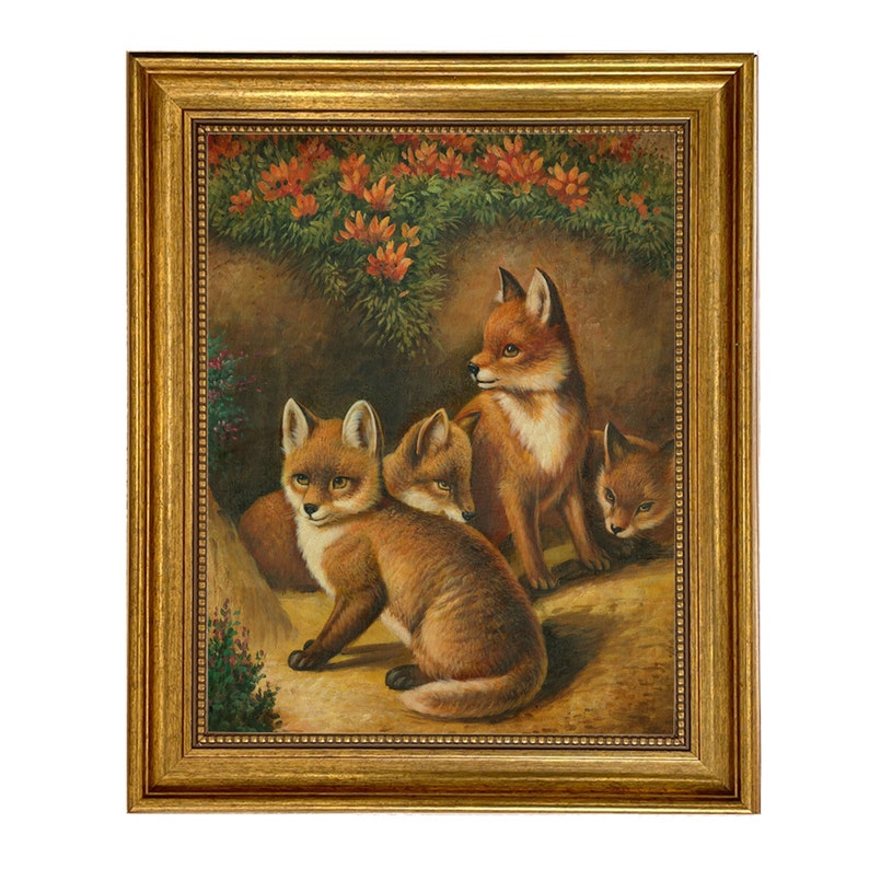 Four Young Foxes Framed Oil Painting Print on Canvas in Antiqued Gold Frame 11" x 14"