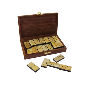 Juego de dominó de cuerno de buey en caja de almacenamiento de madera de 8&quot;, estilo antiguo, juegos antiguos, juegos de antaño, juegos de madera, juego de dominó