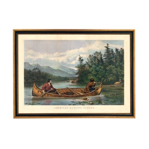 Riproduzione di una famosa scena di caccia americana di Currier & Ives, "A Good Chance", stampa, caccia, baita, lodge, arte murale, decorazione