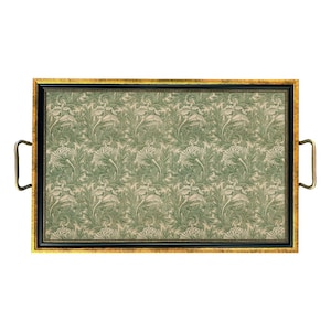 William Morris tulpanbricka med mässingshandtag, vårdekor, grön dekor, soffbordsbricka, byråbricka, engelsk lantlig Large Rectangular