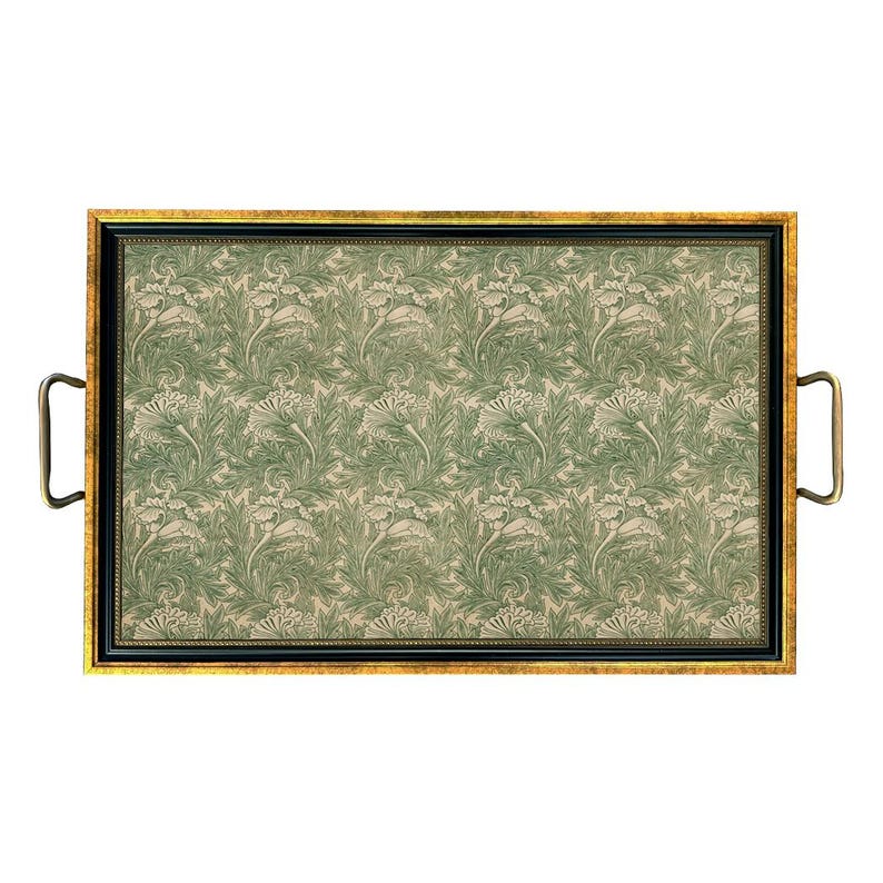 William Morris tulpanbricka med mässingshandtag, vårdekor, grön dekor, soffbordsbricka, byråbricka, engelsk lantlig Large Rectangular