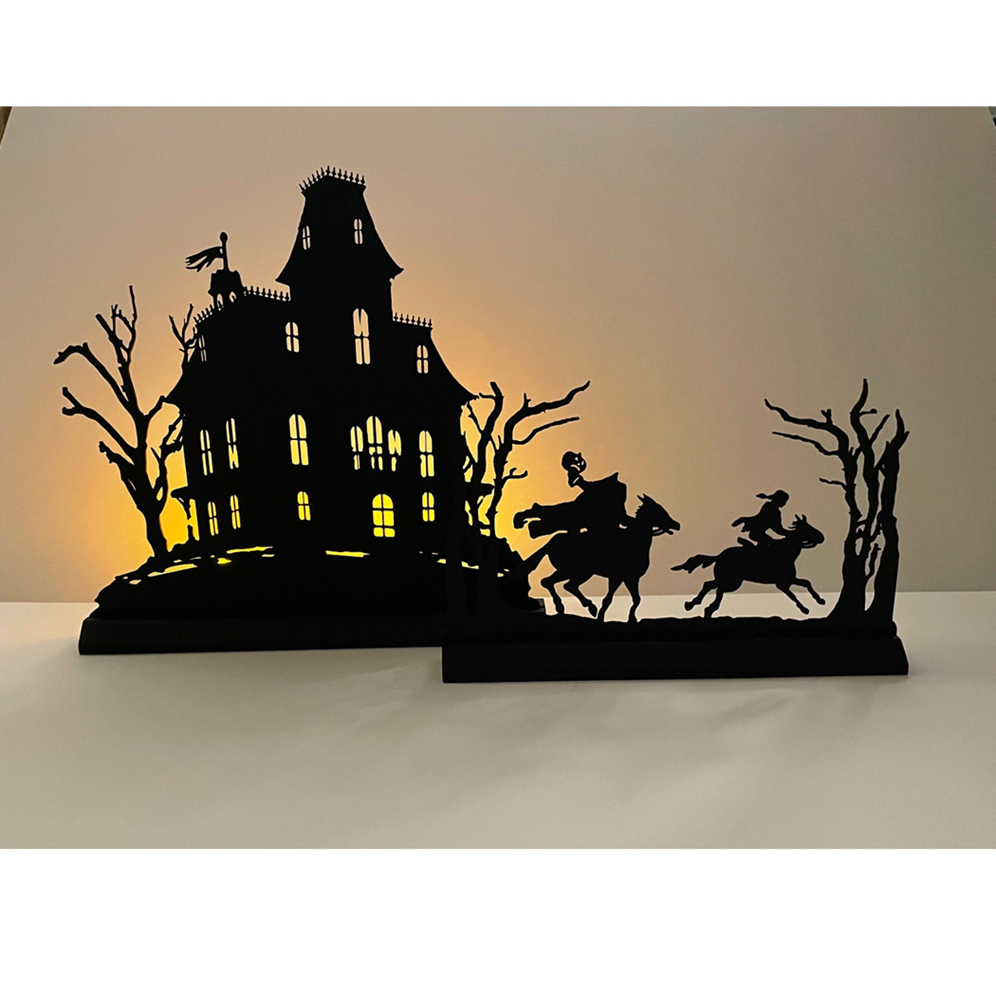 Headless Horseman Wooden Candlestick Decor | Halloween Table Centerpiece & Candle Holder | Spooky Silhouette Figurine