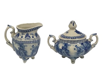 Liberty Blue Transferware Porcelain Sugar Bowl and Creamer Set- Antique Reproduction