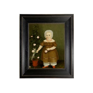 May include: A painting of a young girl in a brown dress and white bonnet standing next to a potted plant with pink flowers. The girl is holding a pink flower in her hand.