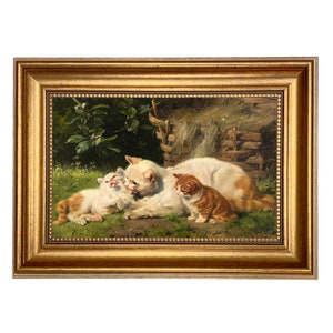 Cat and Kittens on the Farm Framed Oil Painting Print on Canvas, Cat Painting, Kittens, Nursery Art, Antique Style Art, Gallery Wall Art