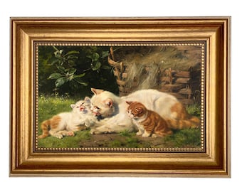 Vintage Cat and Kittens Framed Canvas Print, Farmhouse Wall Art