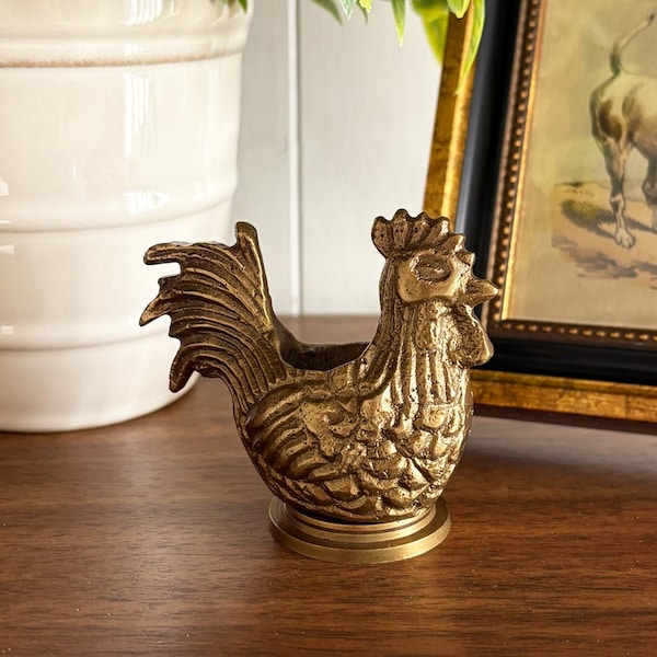 Antiqued Brass Rooster Matchstick or Toothpick Holder, Country Kitchen Decor