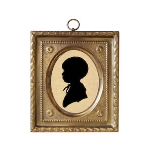 4-1/2&quot; Miniature Silhouette of Boy by Peale in Embossed Brass Frame- Antique Vintage Style