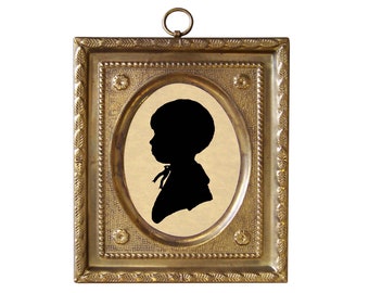 4-1/2" Miniature Silhouette of Boy by Peale in Embossed Brass Frame- Antique Vintage Style