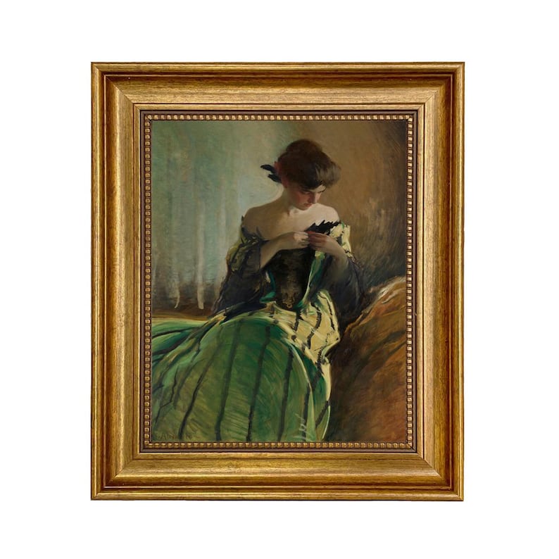 Portrait of Woman in Black and Green Dress Framed Canvas Print, Vintage ...