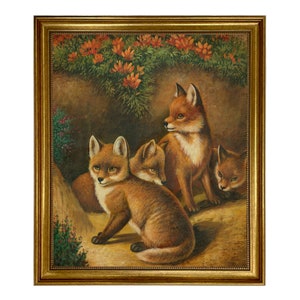 Four Young Foxes Framed Oil Painting Print on Canvas in Antiqued Gold Frame 20" x 24"