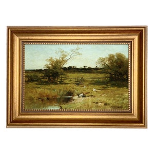 Country Meadow Landscape Framed Oil Painting Print on Canvas in Antiqued Gold Frame