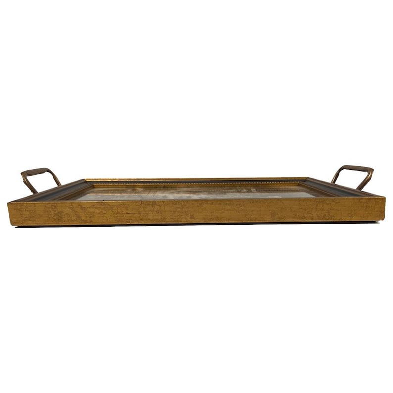 May include: A rectangular serving tray with a gold-colored frame and dark brown handles. The tray has a flat surface and is designed for carrying items. The handles are curved and attached to the sides of the tray.