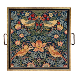 William Morris Aardbeiendief Decoratief Dienblad met Messing Handgrepen in 2 Maten, Salontafel Dienblad, Ottomaanse Dienblad, Kunst & Ambachten, Vogels, Decor