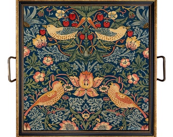 Bandeja decorativa William Morris Strawberry Thief con asas de latón en 2 tamaños, bandeja de mesa de centro, bandeja otomana, artes y artesanías, pájaros, decoración