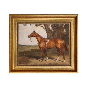 Saddled Chestnut Race Horse Framed Oil Painting Print on Canvas in Antiqued Gold Frame