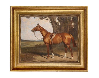 Saddled Chestnut Race Horse Framed Oil Painting Print on Canvas in Antiqued Gold Frame