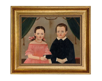 Girl in Pink with Brother Framed Oil Painting Print on Canvas, Primitive, Folk Art, Early American, Antique Style, Gallery Wall