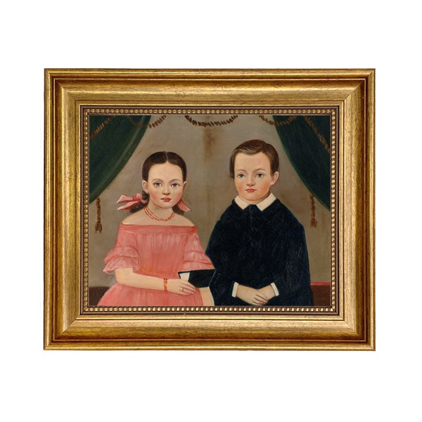 Girl in Pink with Brother Framed Oil Painting Print on Canvas, Primitive, Folk Art, Early American, Antique Style, Gallery Wall