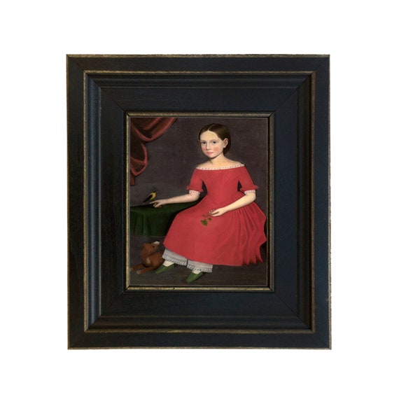 Girl with Dog and Bird, Framed Folk Art Print, Early American Decor