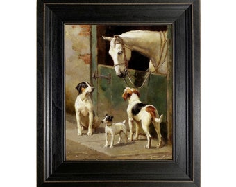 Dogs and Horse at Stable Oil Painting Reproduction Print on Canvas in Distressed Black Frame