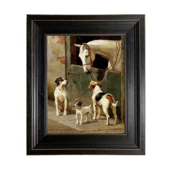 Reproduction peinture à l'huile sur toile Chiens et chevaux à l'écurie dans cadre noir effet vieilli