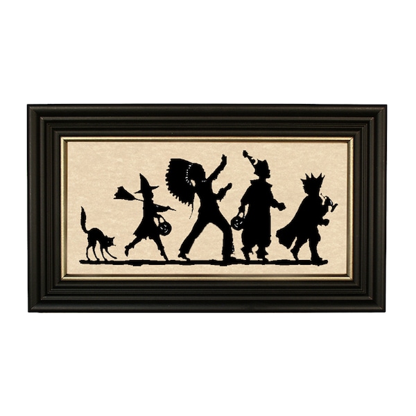Framed "Halloween Parade" Paper Silhouette in Solid Wood Antique Black Frame with Gold Accent