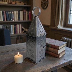 12-1/2" Colonial Primitive Punched Tin Lantern, Antique Reproduction, Early American Decor