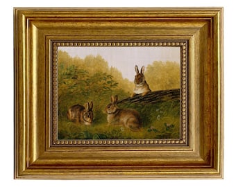 Bunnies in Field Framed Canvas Art Print, Rabbit Wall Decor