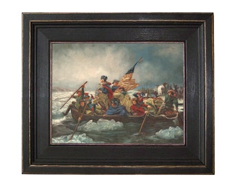 George Washington Crossing Framed Oil Painting Print on Canvas in Distressed Black Wood Frame