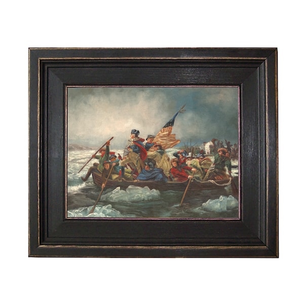 George Washington Crossing Framed Oil Painting Print on Canvas in Distressed Black Wood Frame