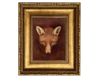 Fox Head by Reinagle Framed Oil Painting Print on Canvas in 3-1/4" Antiqued Gold Frame