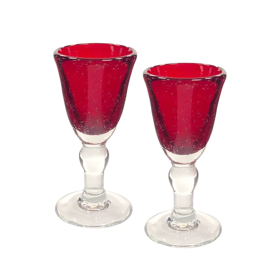 6-1/2 Hand-blown Red Thick Glass 5-oz. Baluster Wine Glasses Set of 2 